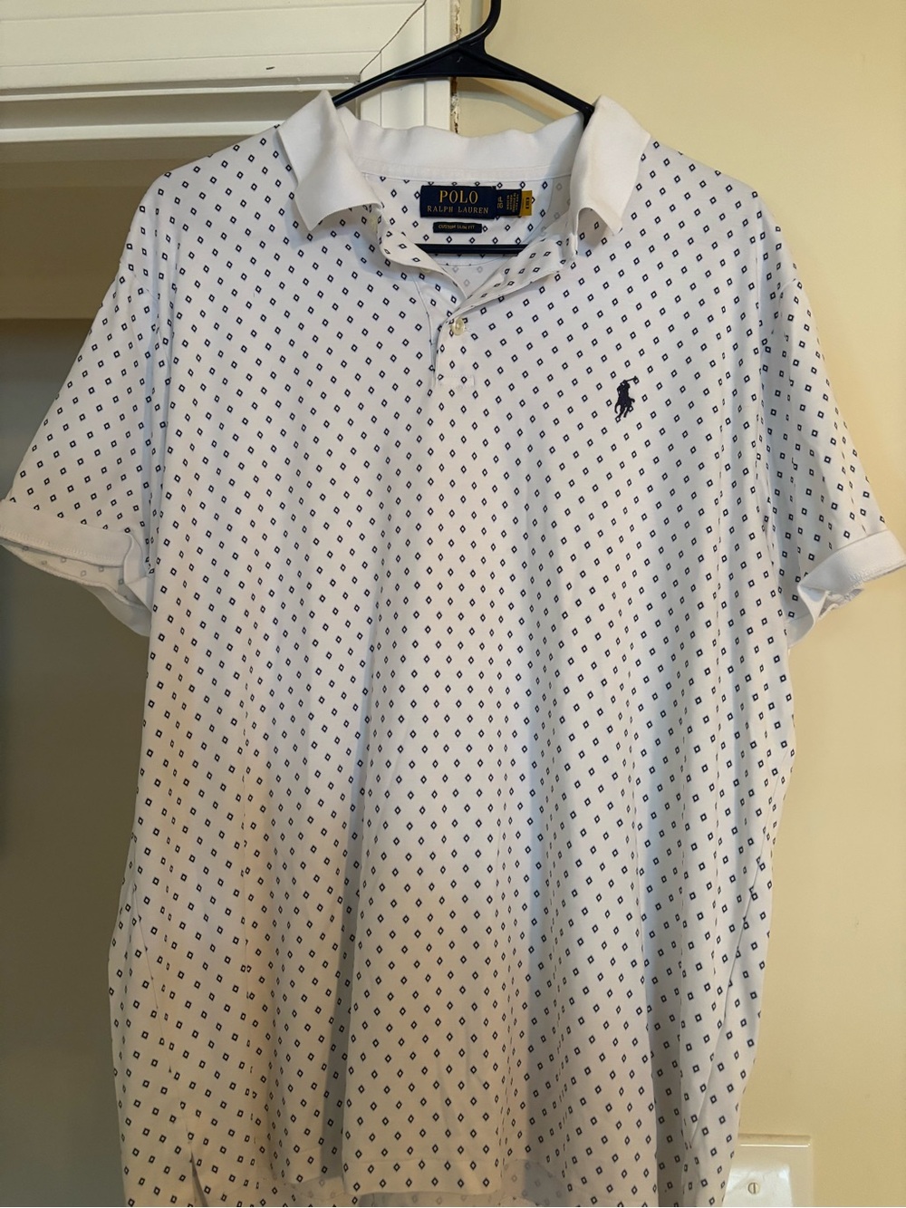 Ralph Lauren White Polo with Navy Micro-Diamond Print